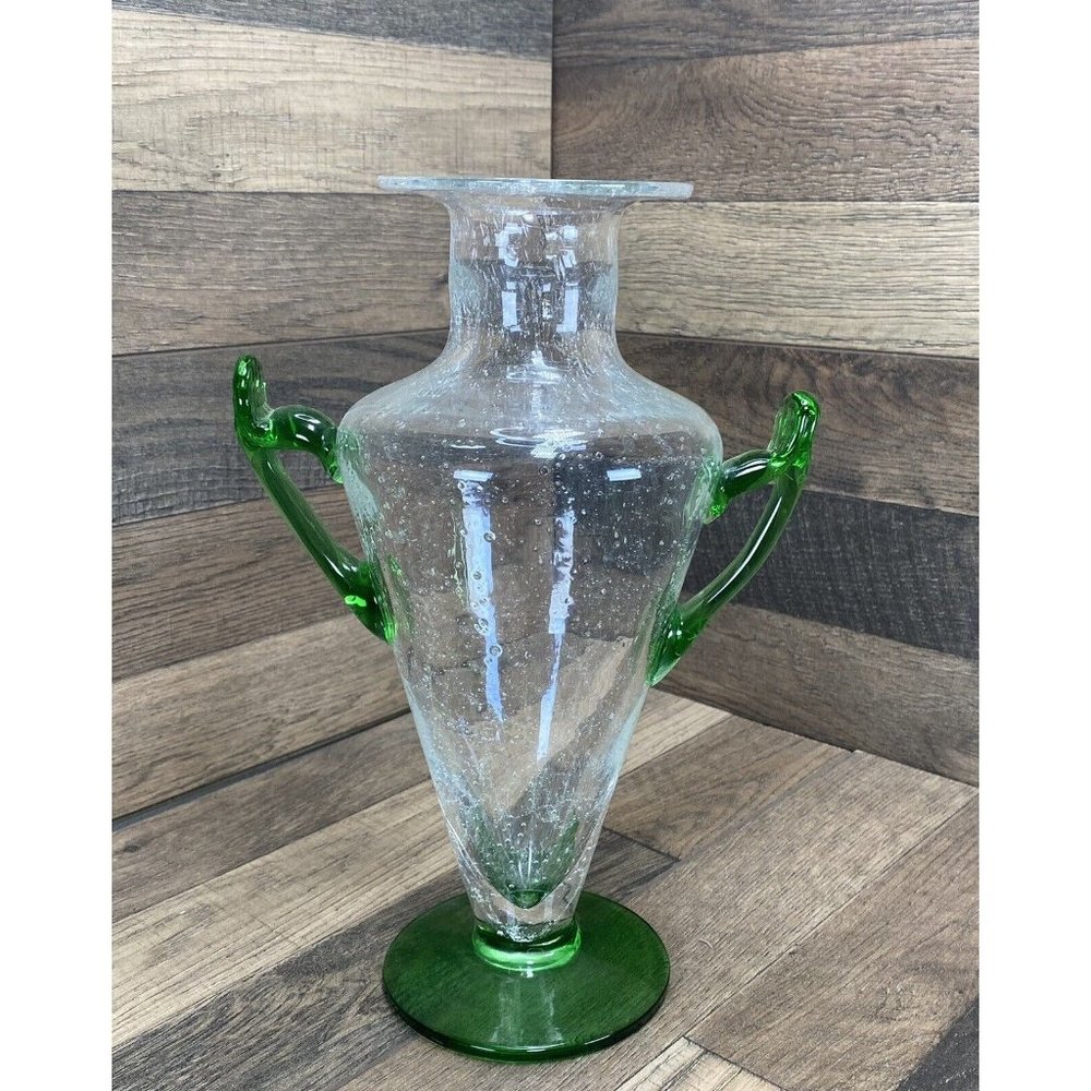 Hand Blown Art Glass Vase Clear Body Green Applied Handles Bubble Glass 11"
